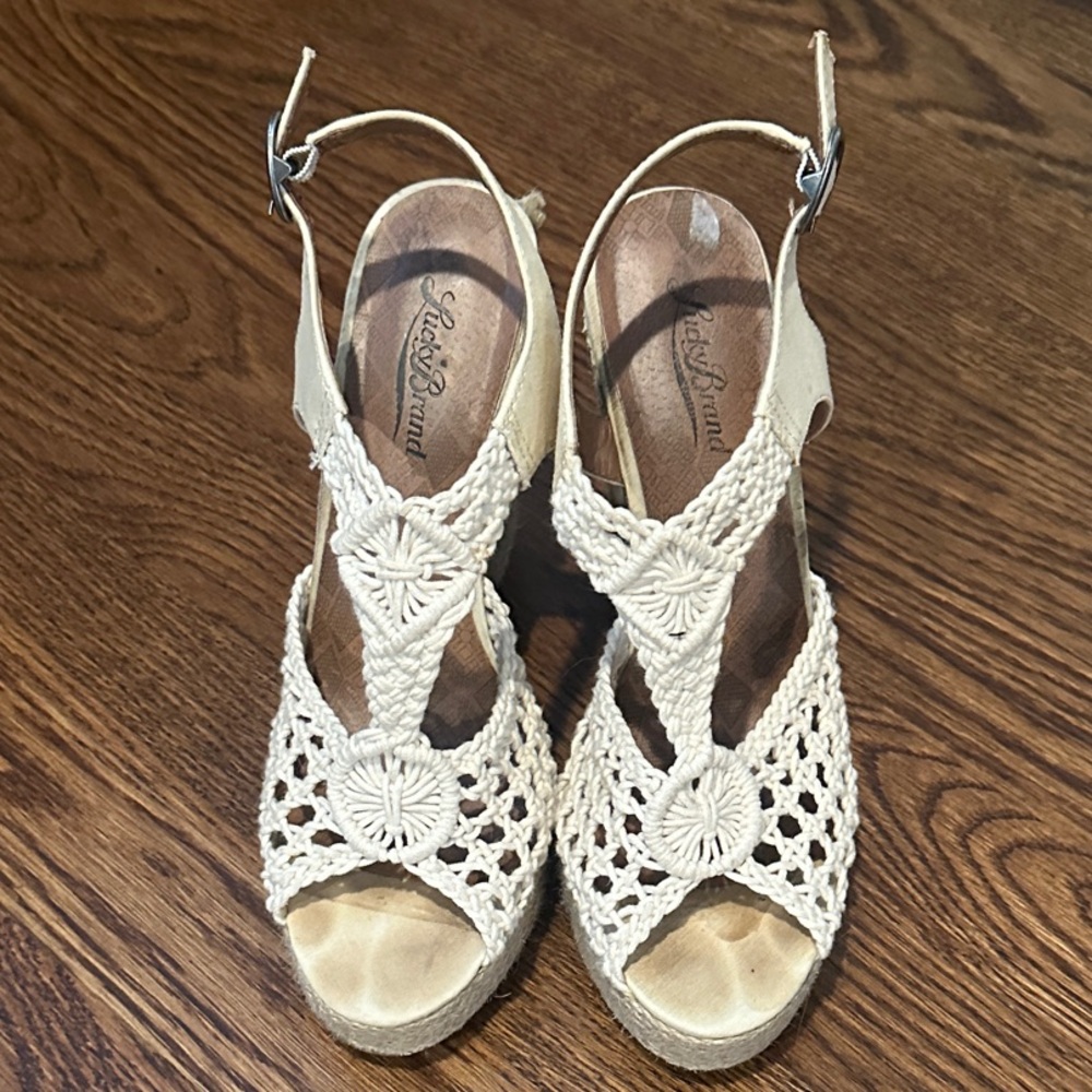 Lucky Brand Crochet Espadrille Wedge Sandals in Cream